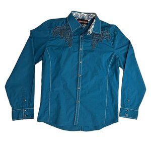 HOUSE OF LORDS Dress Shirt Blue Collared Button Up Embroidered Mens 4XL